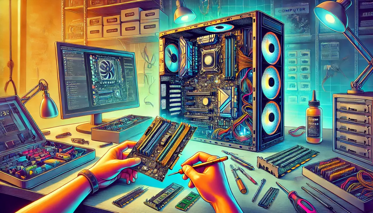 Ein Gaming-PC mit geöffnetem Seitenteil während eines Hardware-Upgrades