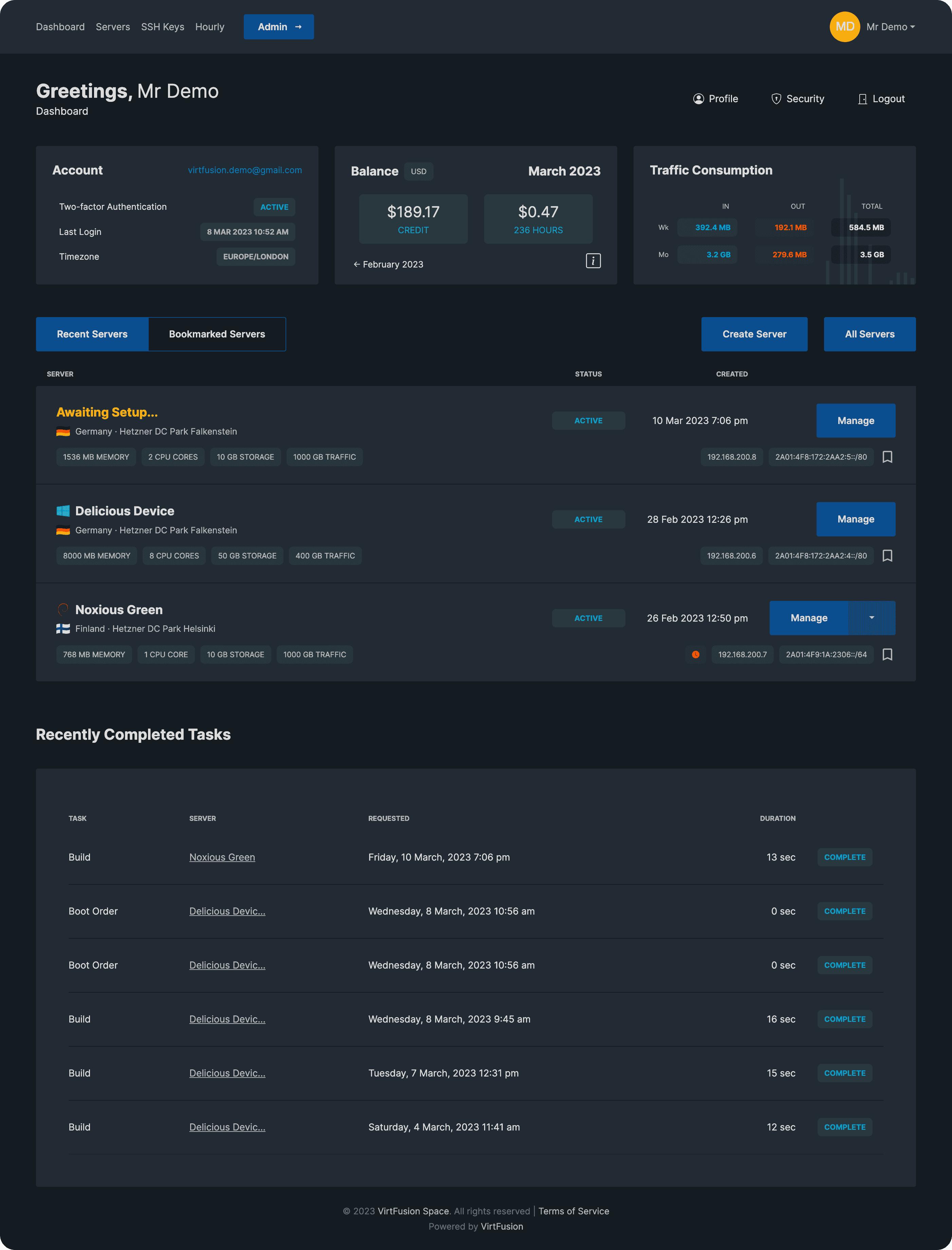 The VirtFusion control panel for a virtual machine, showing power controls, resource use and console access.