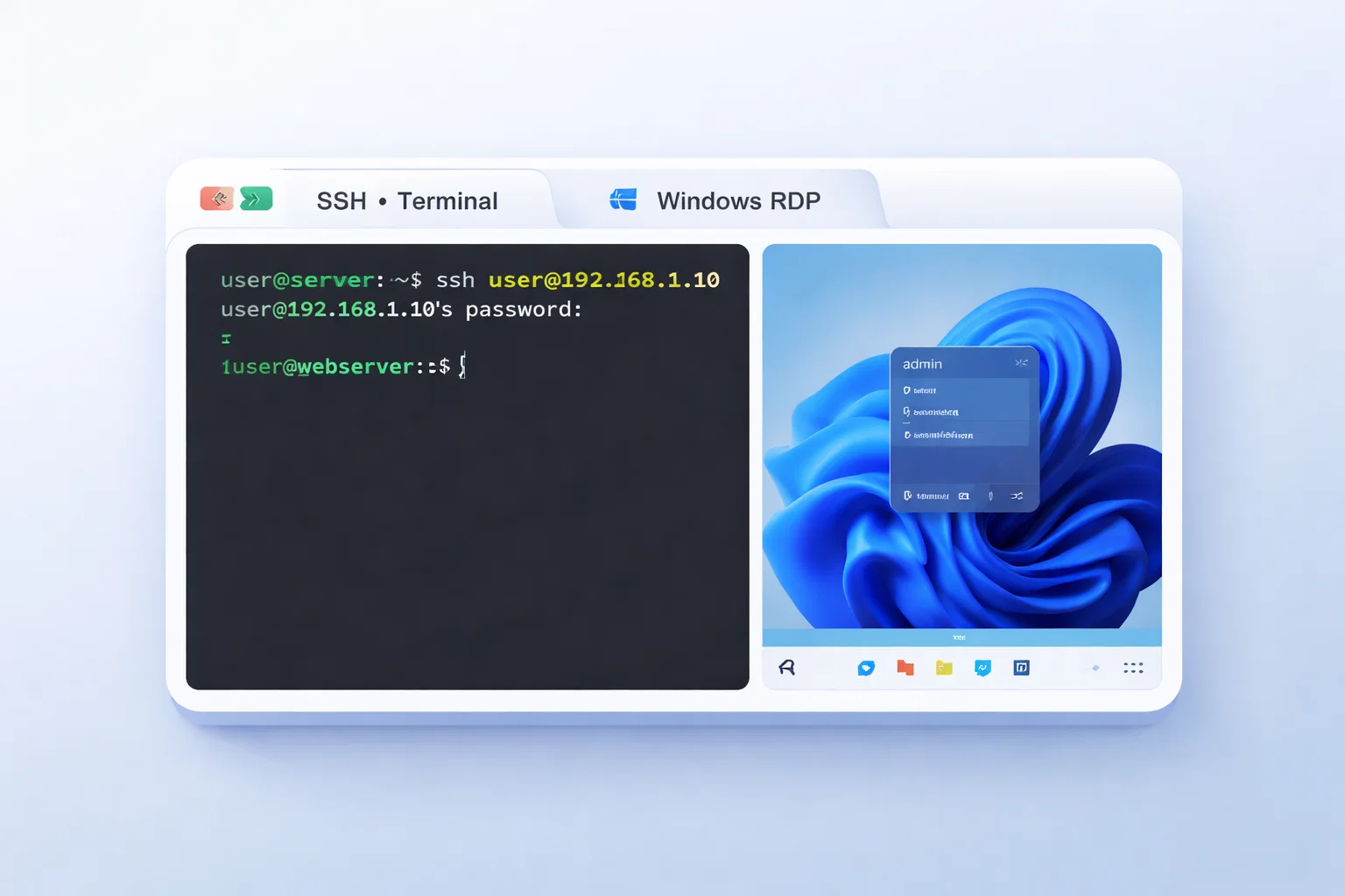 An SSH terminal session beside a Windows remote desktop session on the same node.