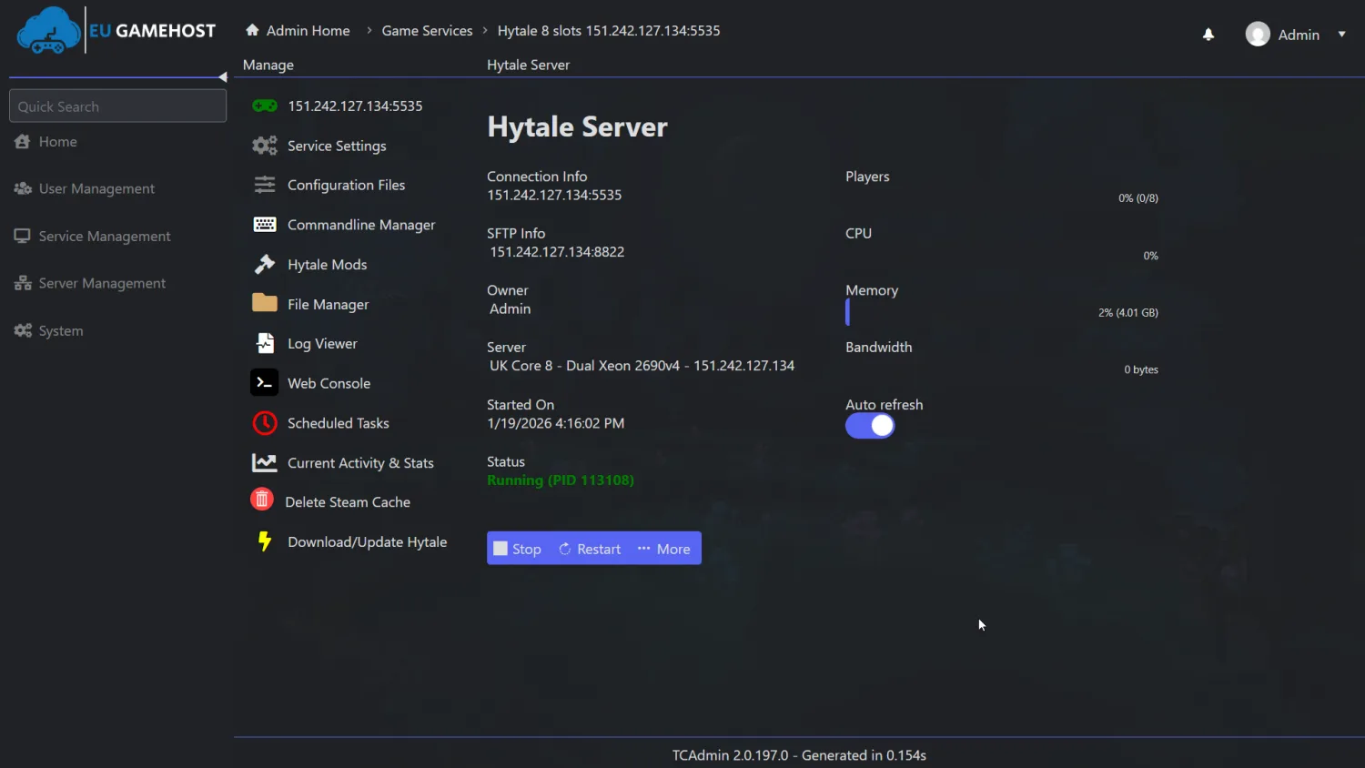 Interface de console en direct du serveur HumanitZ