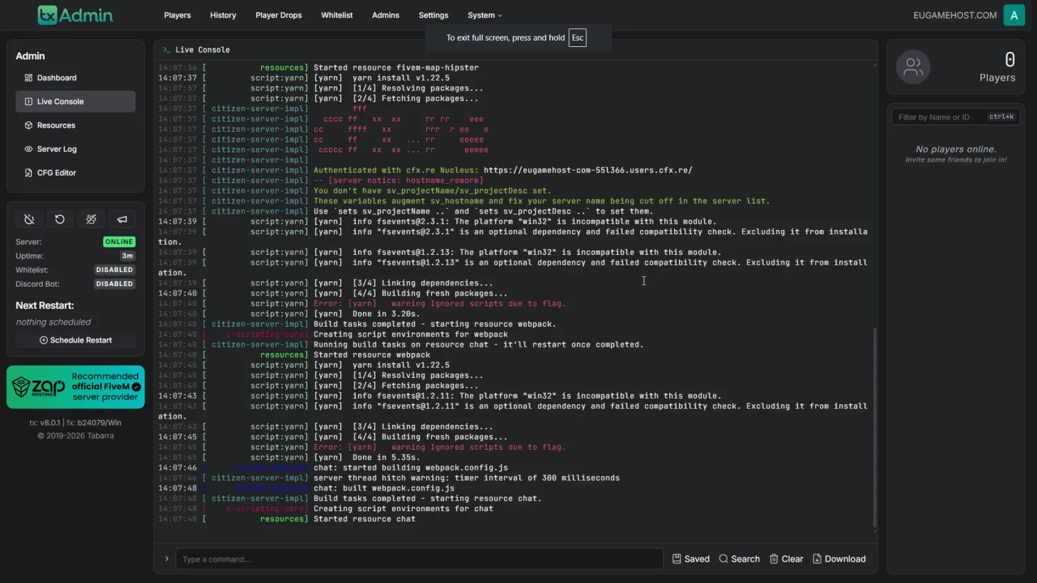 Icarus server console interface