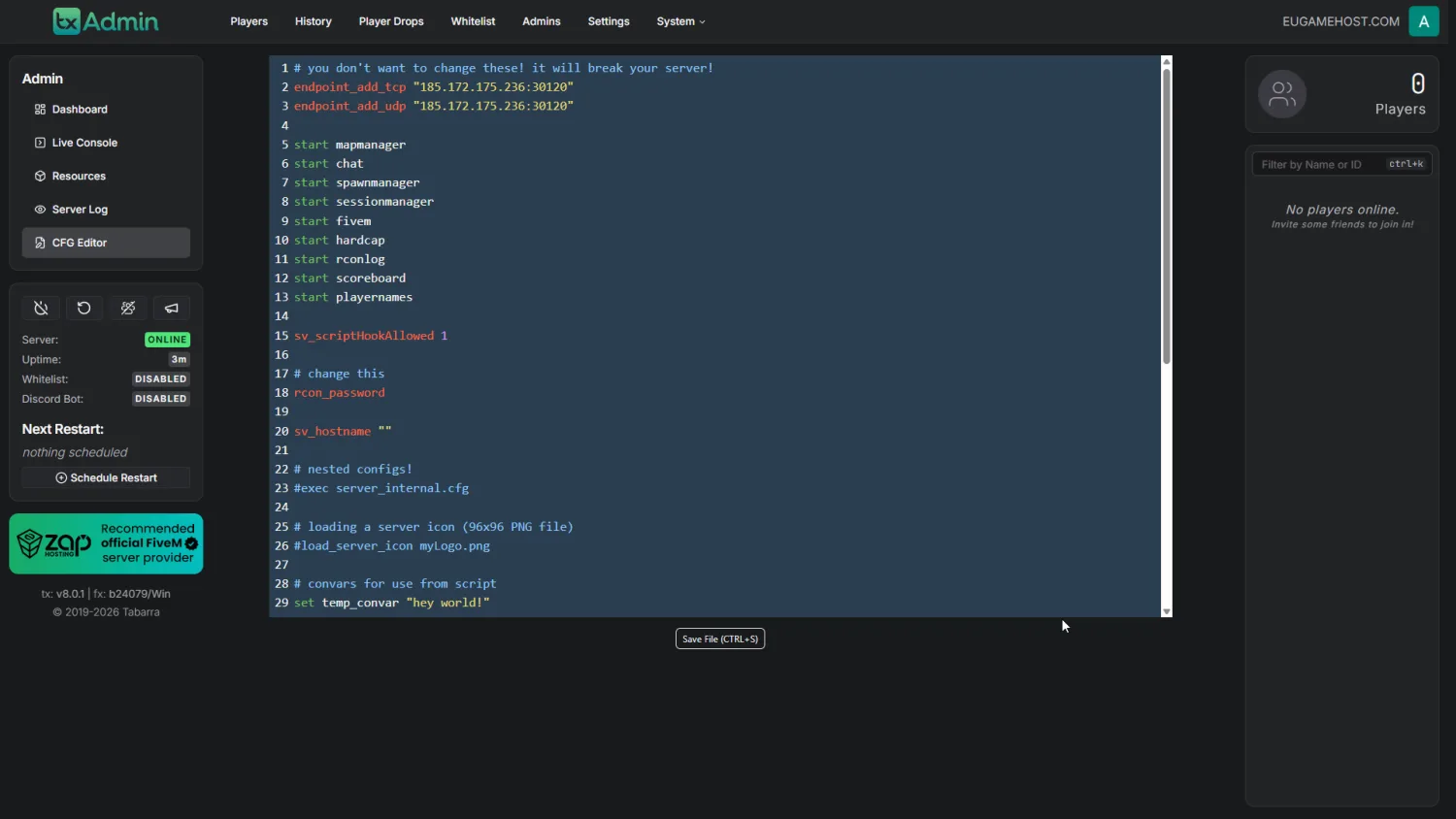 Icarus server configuration editor interface