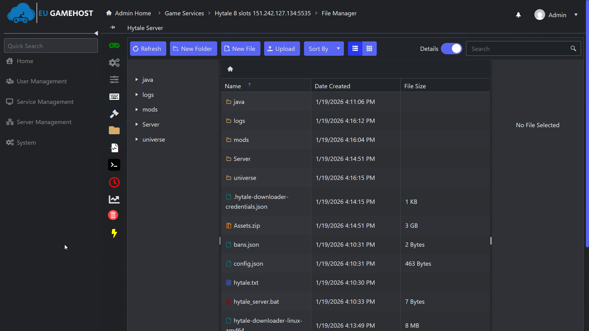 Hytale server file manager interface