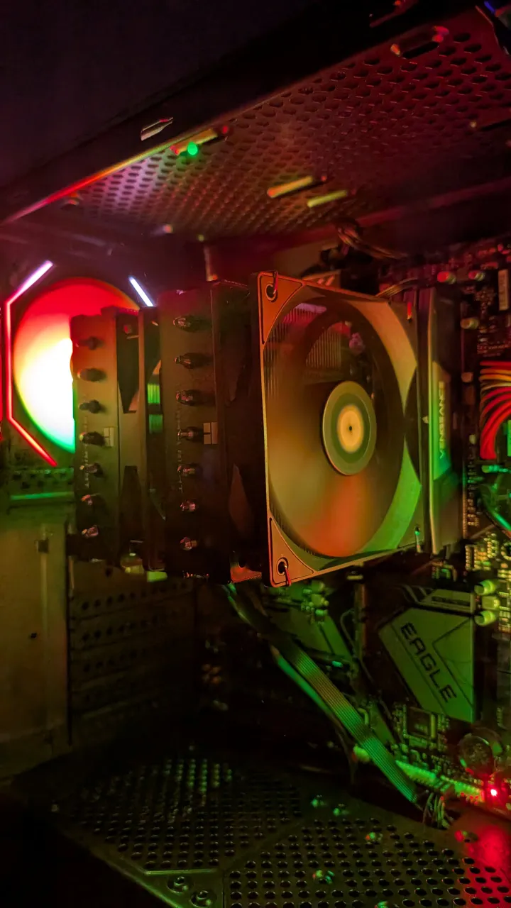 One of our builds, lit up: tower air cooler and RGB fans