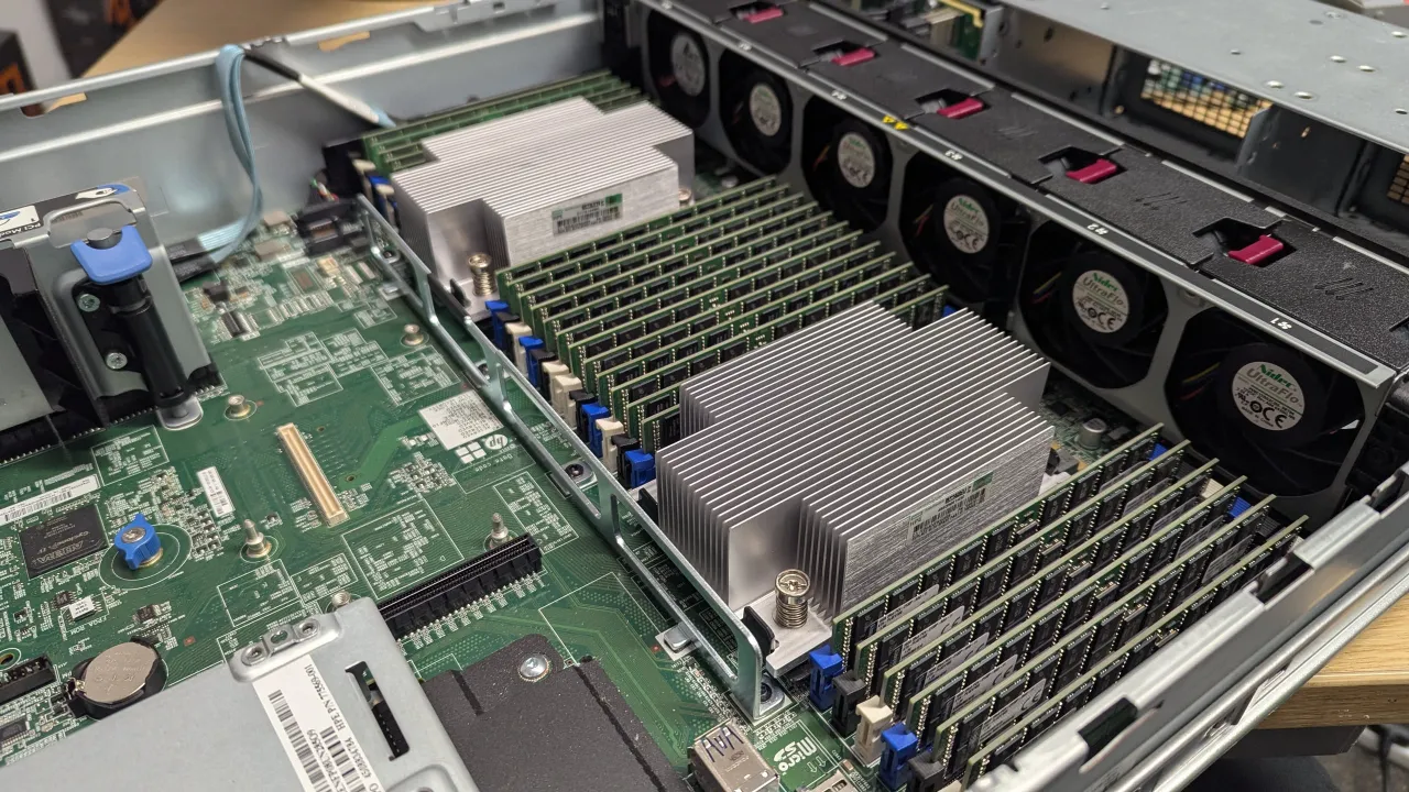 Inside a rack server: full memory banks and a fan wall