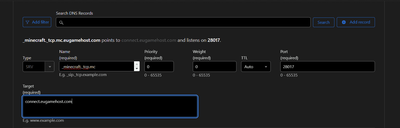 Cloudflare DNS record editor showing an SRV record with the service and protocol prefix, priority zero, weight zero and a port