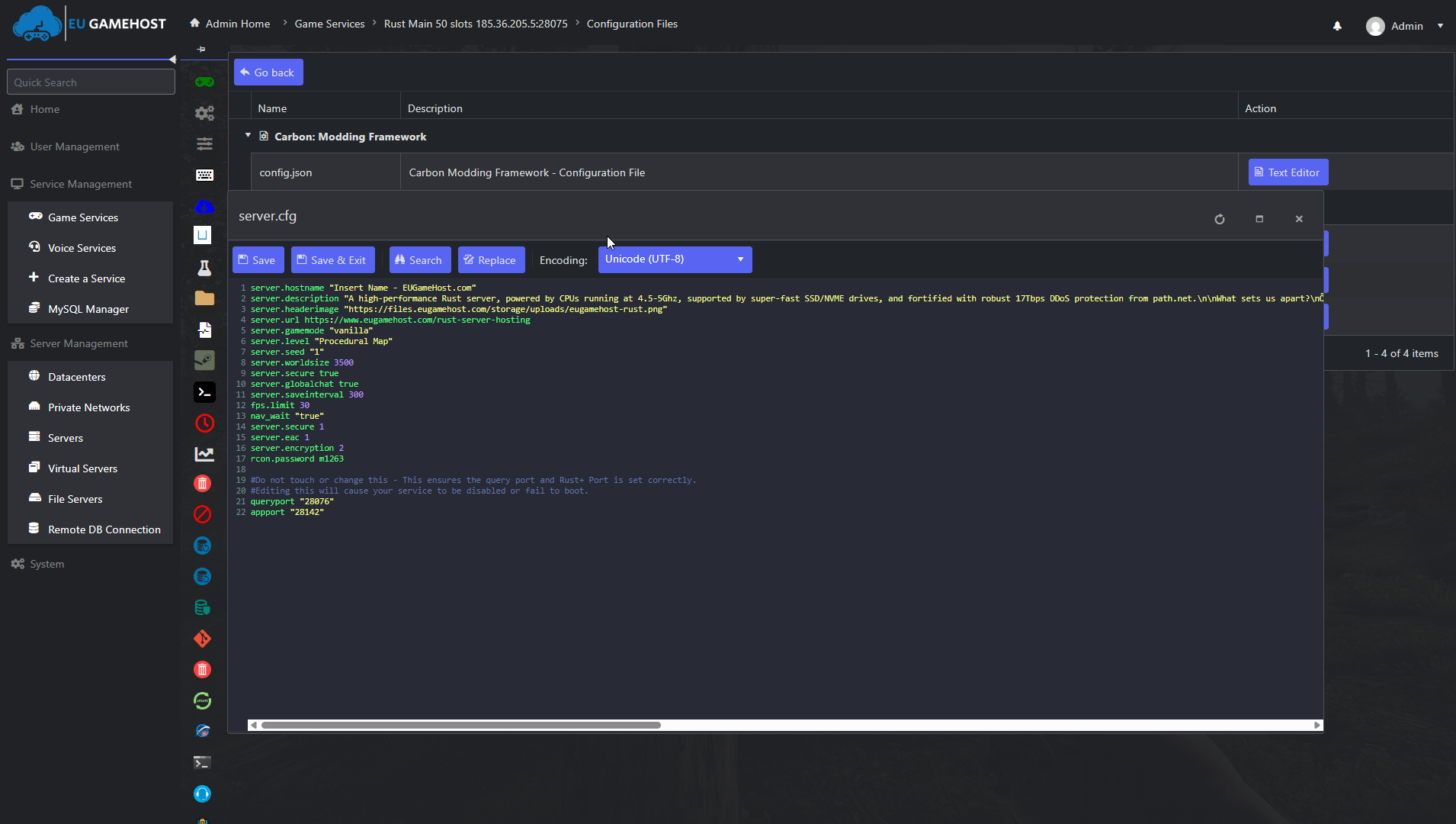 Rust server configuration editor interface